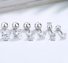 925 Sterling Silver Prong CZ Ball Screw Back Cartilage Helix Stud Earrings PE1
