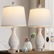 Rustic Touch Table Lamps Set of 2 with USB Ports, Antique Grey Fabric Shade