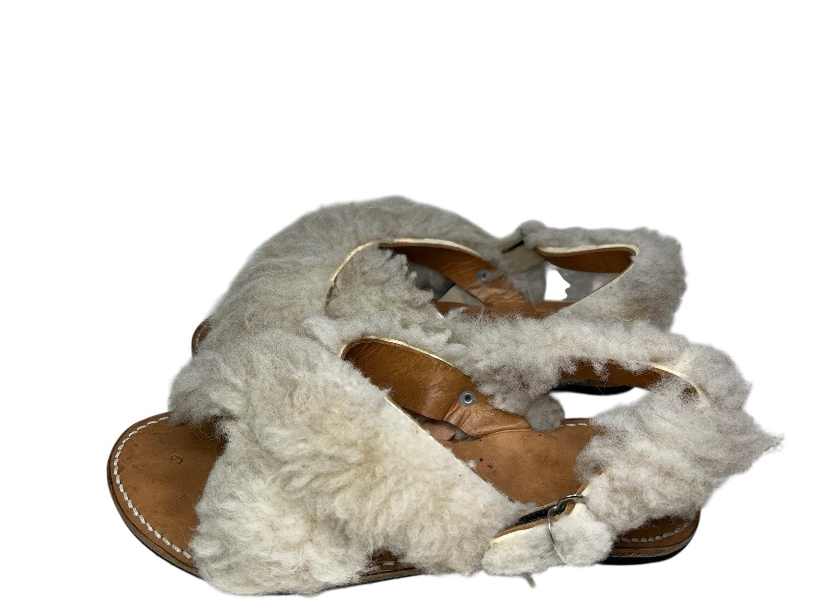 NEW Mens Leather REAL FUR HIDE ON Huarache Mexican Sandals Buckle Strap 10.5