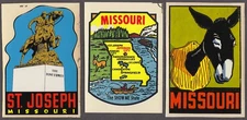 MISSOURI three different decals 1940s-60s Pony Express Mule Show Me State
