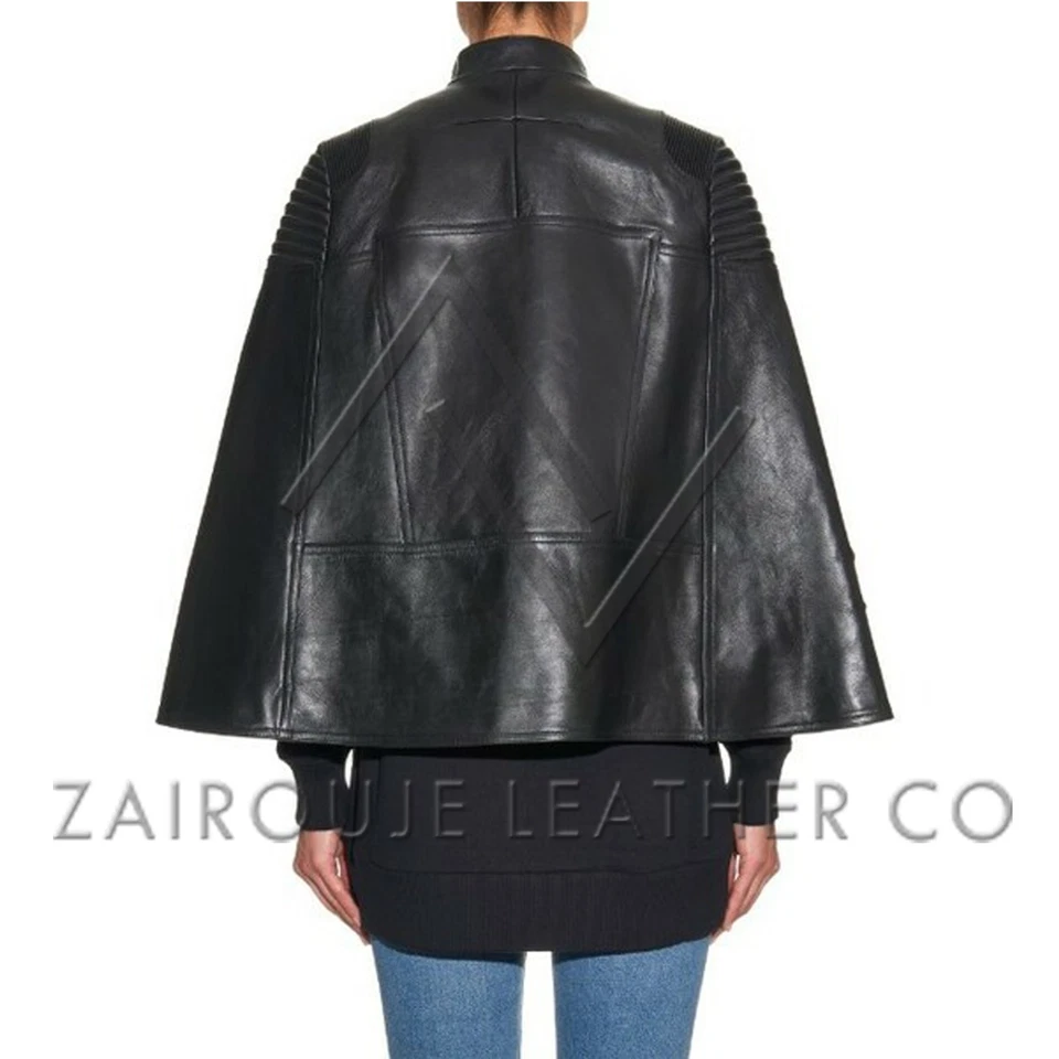 Chaqueta con Capa de Cuero Negra para Mujer, Poncho Estilo Moto con Cremallera y Hebilla Dorada Foto 4 de 4