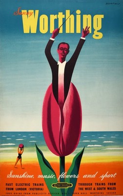 Visit Sunny Worthing By Train England Britain Vintage Travel Poster Print