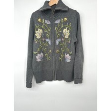 Vtg Tiara International Cardigan Women S Gray Floral Embroidered Grandma Cottage