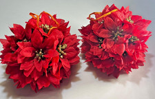 Set 2 Vintage Red Silk Poinsettia Kissing Balls 8" Christmas Hanging Decorations