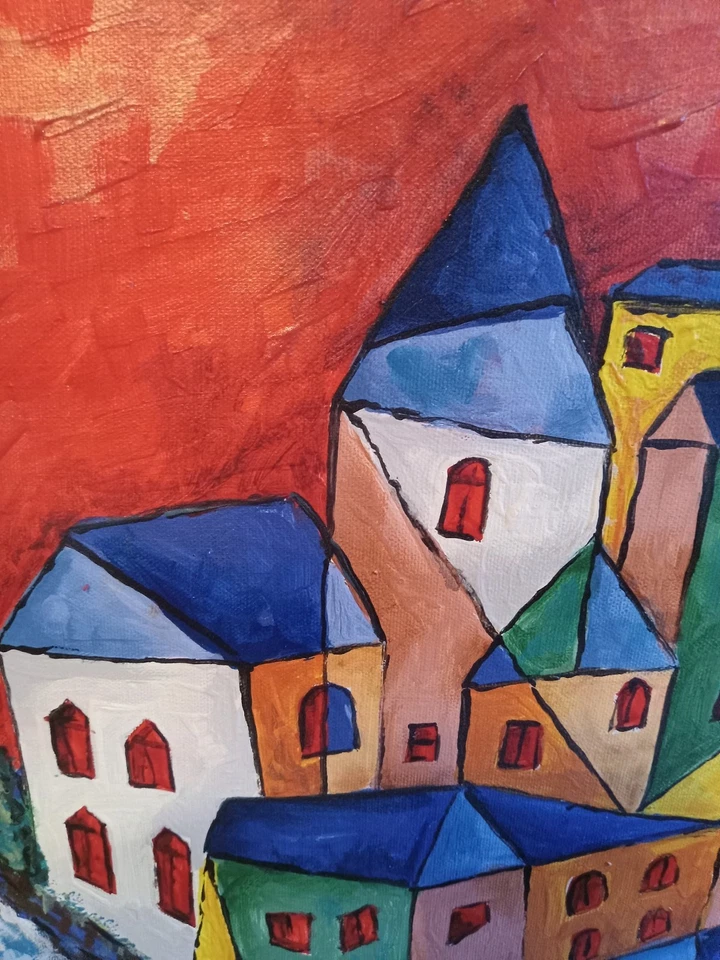 LG Vntg Modernist Cubist Abstract Oil On Canvas Seaport Village signed AVZ 1967 - Image 4 of 4