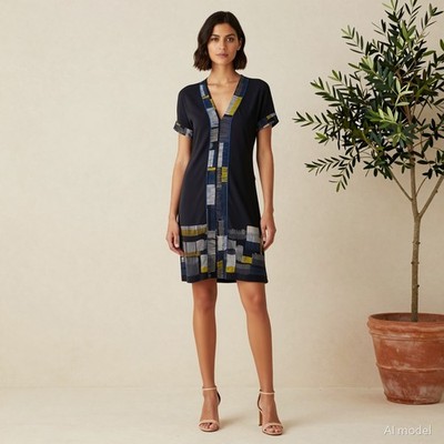 Geometrisches Kleid BCBGMAXAZRIA Holly S Mini Hänger V-Ausschnitt Kurzarm Jersey