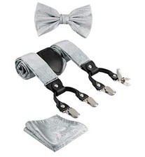 TIE G Paisley Suspender, Bow Tie, Pocket Square Set for Men's A Silver Paisley