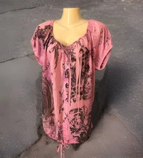 Cap Sleeve Button Down Chiffon Top Sz XL Pink Sublimation Print Drawstring Waist