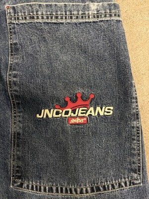 90s JNCO Jeans Wide-Leg Blue Denim Embroidered Logo quad pocket Sz