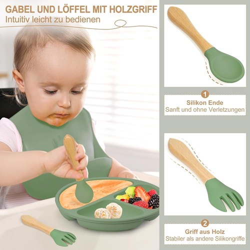 Baby Geschirrset 7-teilig mit Saugnapf Rutschfest Silikon Kind Grün B501 - Bild 5 von 6