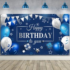 Blue and Silver Happy Birthday Backdrop Banner Sign Photo Background Party Decor