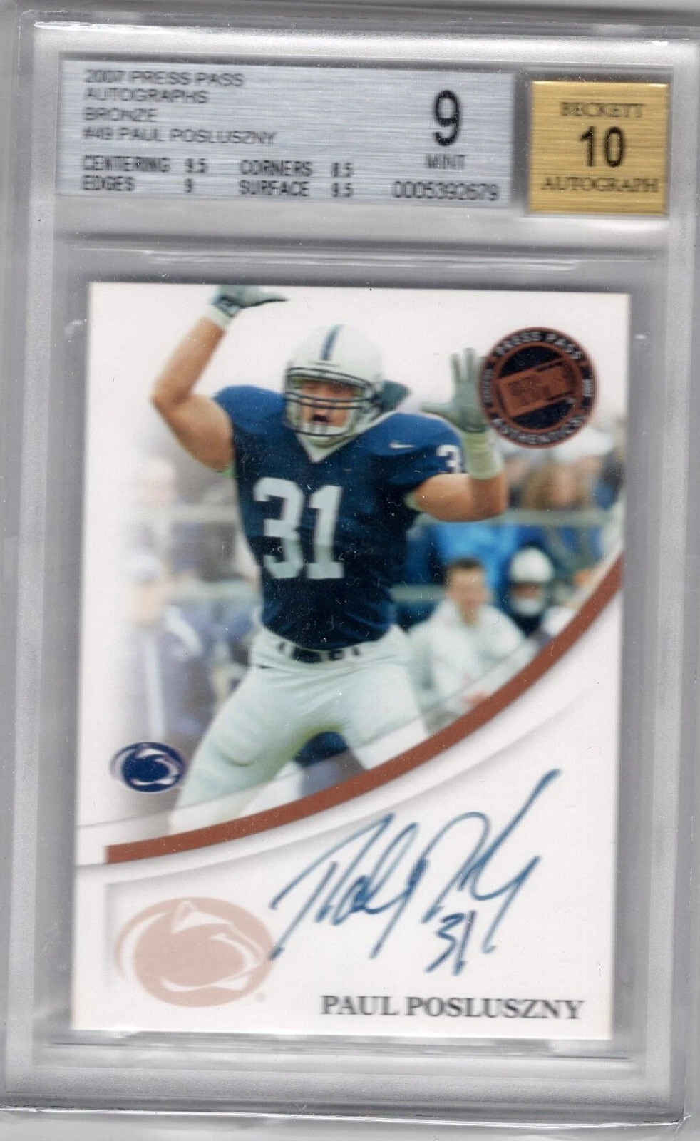 Paul Posluszny Press Pass Certified Autograph # Bronze