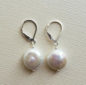 Genuine 925 silver 11-13mm freshwater pearl drop crystal Dangle earrings