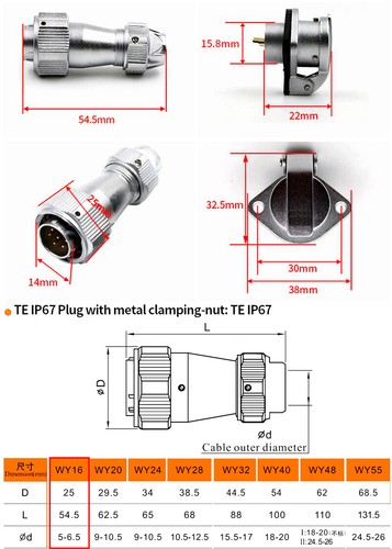 WY16 TE+ZG2-10Pin Male Clamping Cable Plug Female Round Flange Rear Panel Socket - Picture 8 of 9
