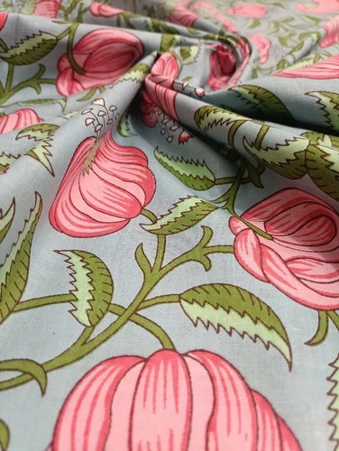 25 Yards Fabric Indian Gray Floral Hand Printed Cotton Fabric Sewing Fabrics - Picture 6 of 6