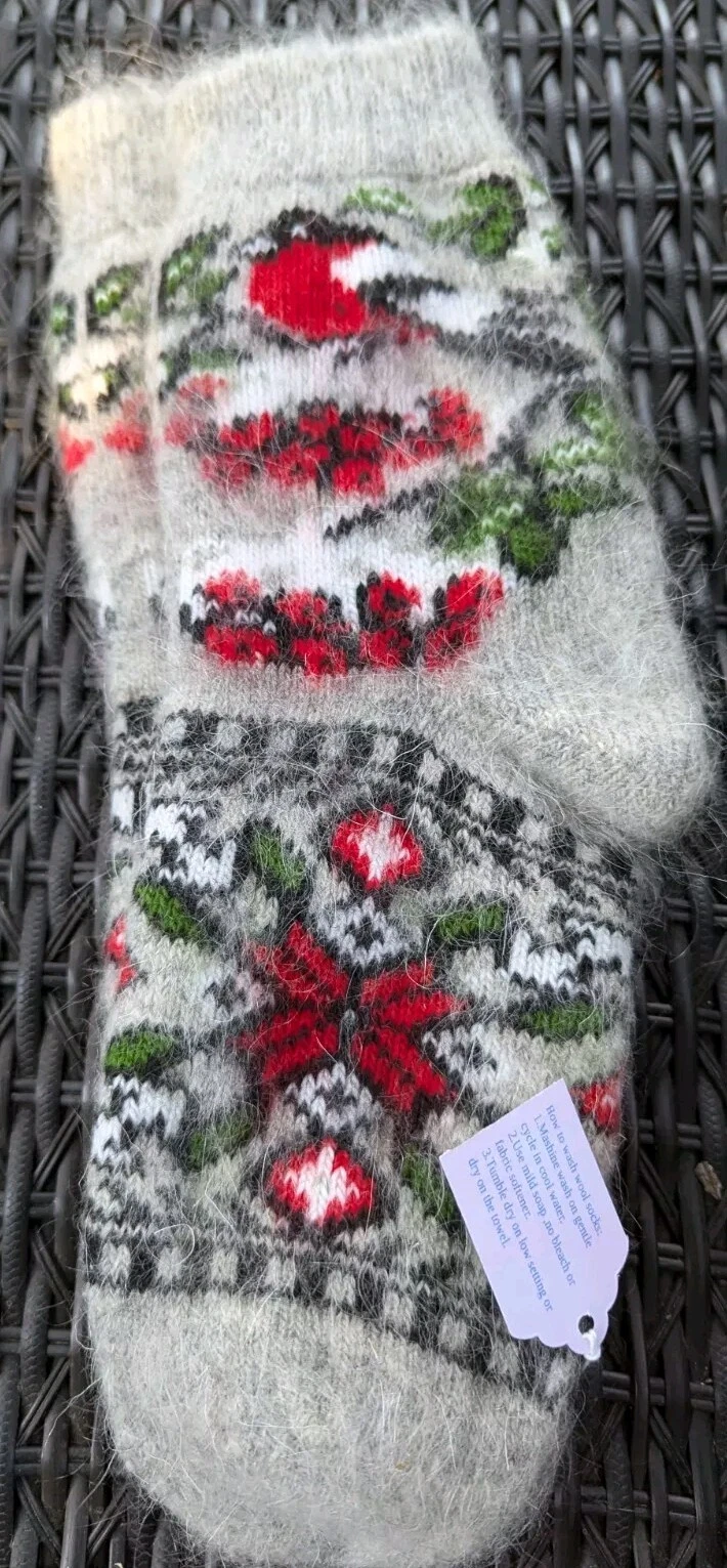 Women's Soft socks, sheep down 100%, Warm, Print birds, Size 8-9