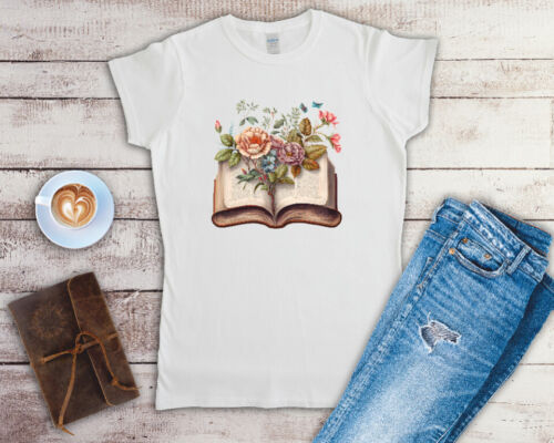 Flowers With A Book Ladies Fitted T Shirt Sizes Small-2XL - Picture 1 of 24