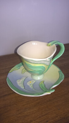 Calla Lily Tea Coffee Cup Teacup Saucer Green White Botanical Textured Pottery