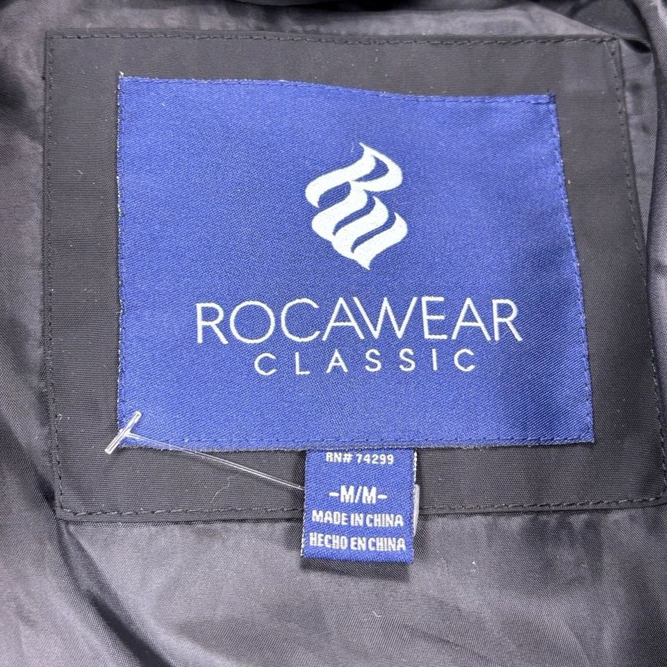 Rocawear Puffer Coat Women’s Medium Black Long Stretch Belt Removable Fur Hood - Image 4 of 4