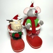 Kuddlee Kuties Mouse And Reindeer Stocking Red Boot Flocked Vintage 2 Pc Set