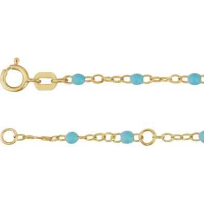 14K Yellow Gold 2mm Anklet With Turquoise Enamel Beads Adjustable 9-10''Length