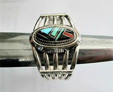 NAVAJO INDIAN STERLING SILVER OPAL CORAL ONYX CUFF BRACELET  BY G. SPENCER