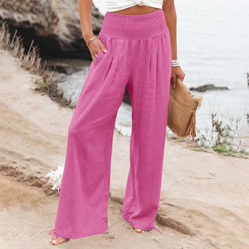 Women Cotton Linen Pants Solid Wide Leg Casual Loose Pants High Waist Trousers - Bild 18 von 36