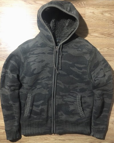 Schott Bros NYC Heavy Sherpa Lined Knit Hoodie Sweater Mens L Green Camouflage