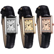 Womens Rectangular Slim Leather Strap Band Roman Dial Dress Watch Girls Ladies