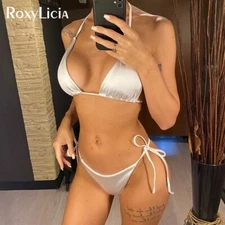 Sexy 13 Colors Halter Satin Brazilian Bikini Swimwear Two-pieces Bikini Set