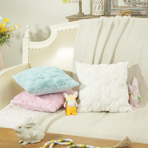 Easter Bunny Soft Plush Pillow Covers, 18 X 18 Inch Set of 2, Fluffy Faux Fur Wo - Picture 8 of 12