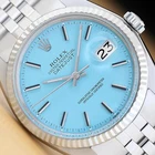 ROLEX MENS DATEJUST 1601 AQUA BLUE 18K GOLD STEEL WATCH w/ FOLDED JUBILEE BAND