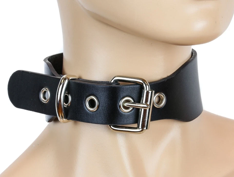 Gargantilla collar hebilla enrollable de cuero negro genuino liso de 1 3/4" de ancho Foto 2 de 2