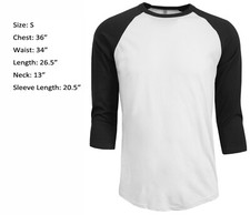 3/4 Sleeve Plain T-Shirt Baseball Raglan Jersey Sports Men's Tee White Black S