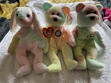 Hippie, Peace & B.B. Birthday ty TY Beanie Baby Bears & Tags Very Good Condition