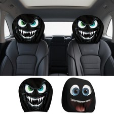 2pcs Durable Polyester Cartoon Print Car Headrest covers Black with White