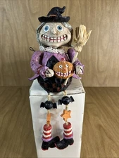 Vintage Primitive Style Witch Holding JOL Pumpkin Shelf Sitter Halloween Decor