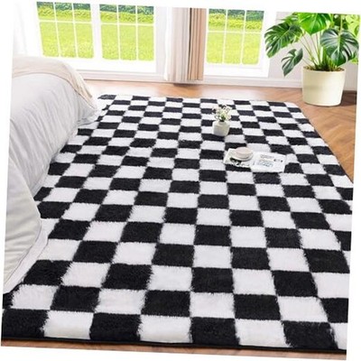  4x6 Ft Black and White Area Rug for Living Room Classic Checkered Shaggy Rug 