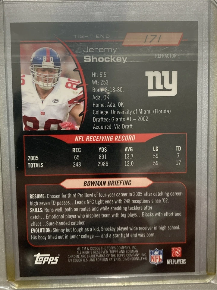 Bowman Chrome 2006 - Jeremy Shockey #171 - refractor rojo gigantes de Nueva York Foto 2 de 4