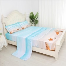 Beach Bed Sheets Set Full Beach Fitted Sheet Blue Coastal Nature Theme Patter...