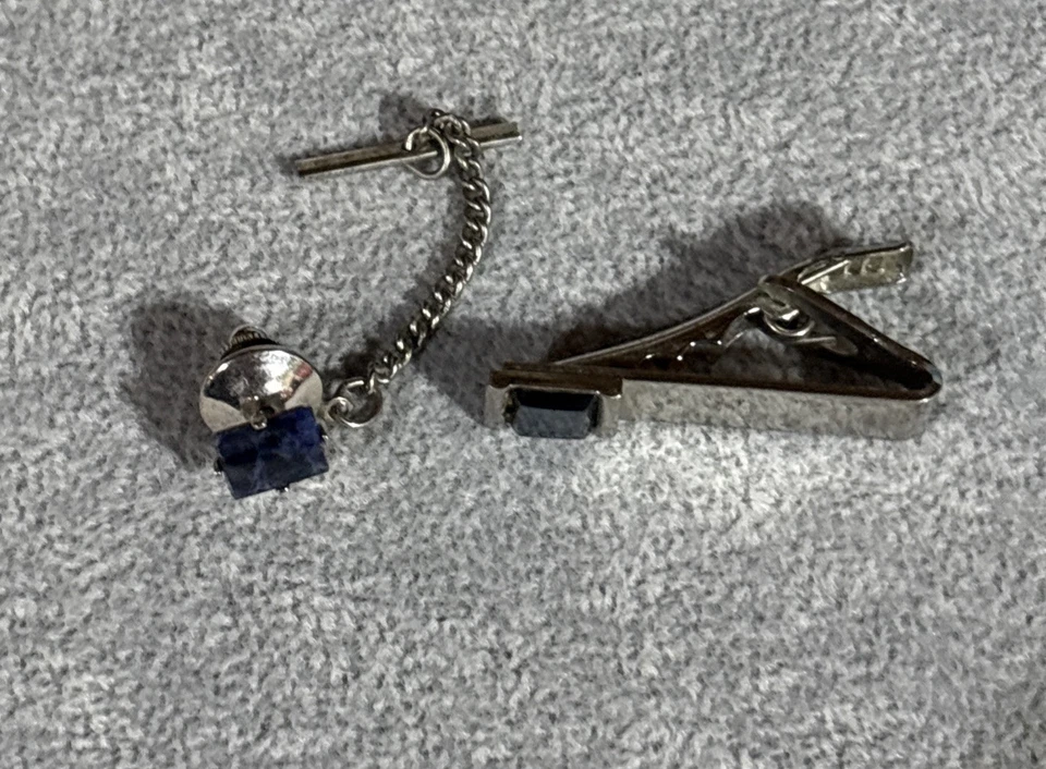 Vintage Silver Tone Tie Tack & Tie Clip Set with Blue Rectangular Stones 2 PCS - Image 2 of 2