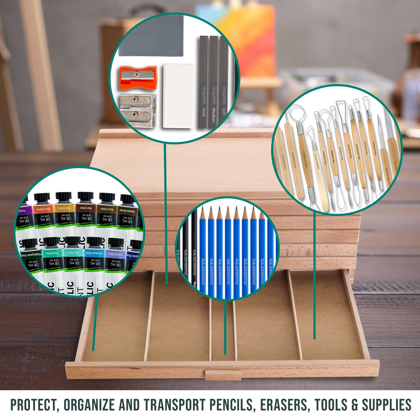 6 Drawer Wood Artist Supply Storage Box for Pastels, Pencils, Pens, Markers