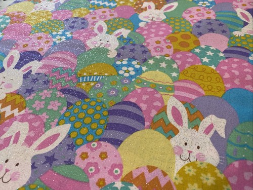Easter Cotton Fabric, Glitter Fabric, Multi Colored, Sewing 3 Yards Rabbits Eggs - Picture 4 of 5