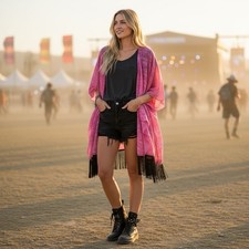 Sheer Geometric Fringe Open Duster L Pink Kimono Festival Boho Fairy Gypsy USA