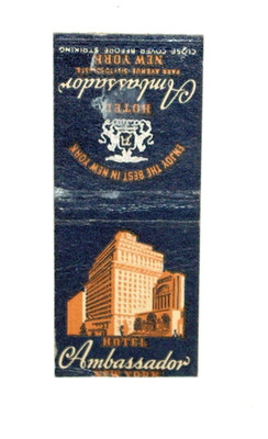 Vintage Hotel Ambassador Matchbook Cover Park Avenue New York NY Lounge Cafe