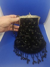 Antique Victorian Black Beaded Evening Bag Silk Fringe Metal Frame c1900