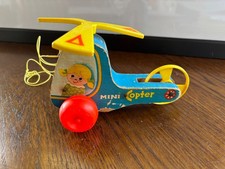 Vintage Fisher Price Mini Copter Pull Toy #448 Wooden Helicopter 1970 