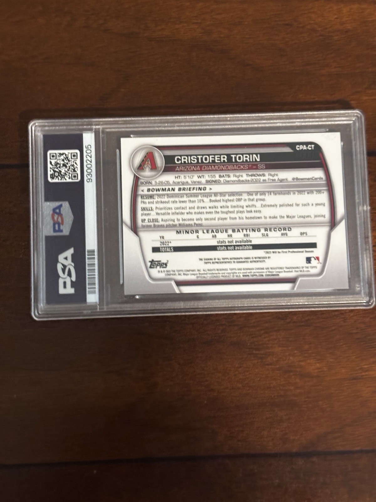 2023 Cristofer Torin 1st Bowman Chrome Auto Atomic /100 PSA 10 Gem Diamondbacks view 2