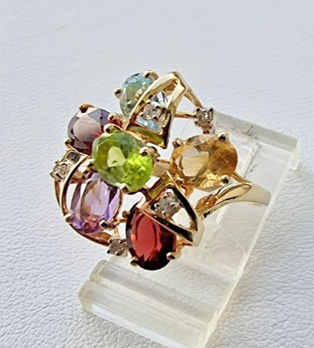 ORO AMARILLO 14K 585 DIAMANTE Y 7x5 mm. ANILLO MULTI PIEDRAS PRECIOSAS TALLA 5,75, 4,9 GRAMOS Foto 3 de 4