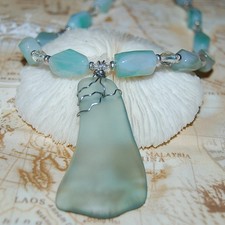 Wire Wrapped Light Green Faux Sea Glass Necklace 20" Handmade Beaded Jewelry